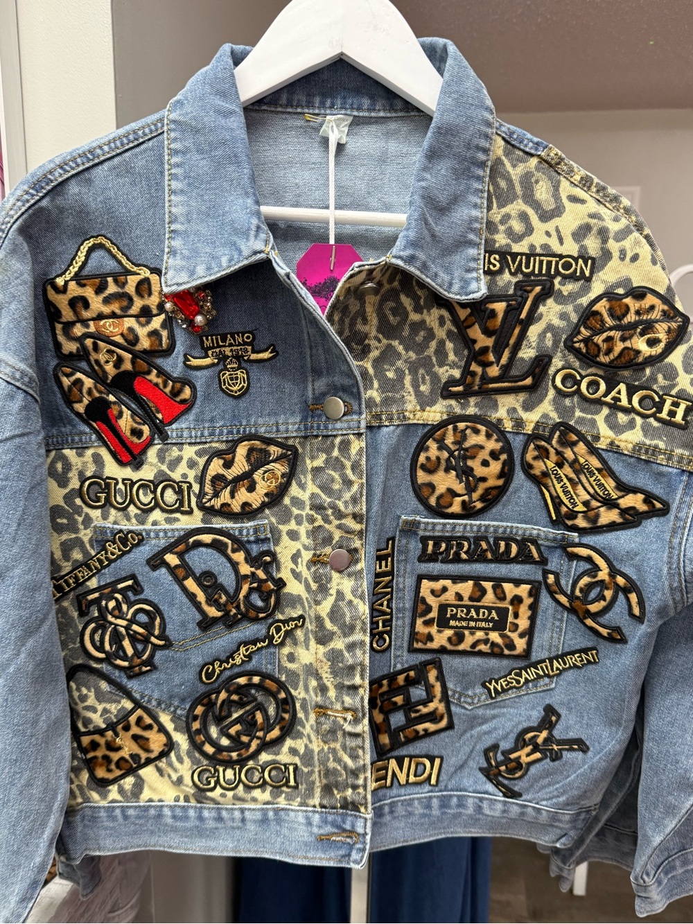 New Denim Jacket with Leopard Patch Logos - Blue